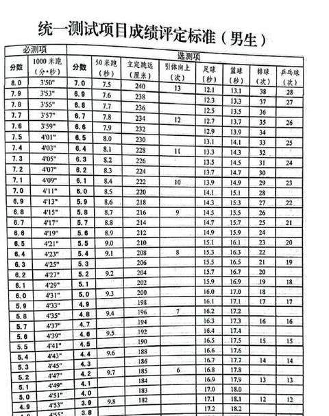 初一体育考试评分标准全解析